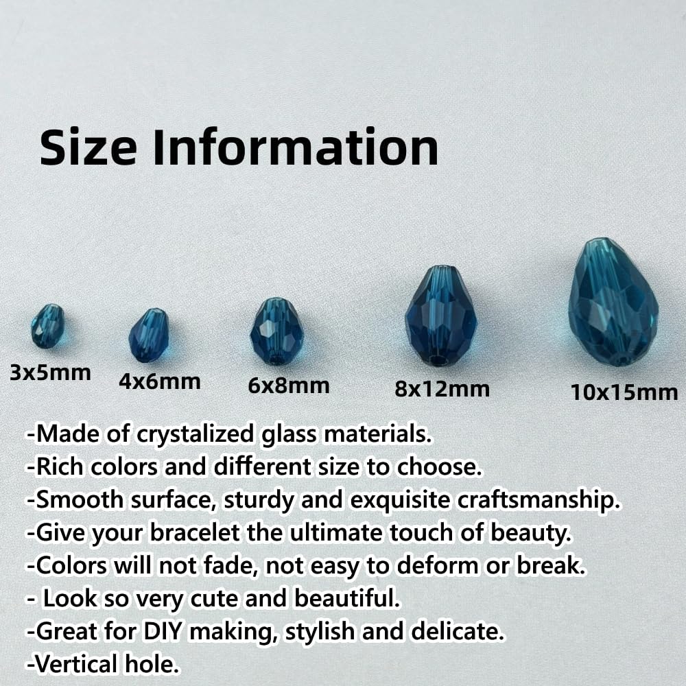 100pcs 8x12mm Teardrop Crystal Glass Beads for Jewelry Making, Faceted Vertical Hole Teardrop Glass Spacer Beads for Wind Chimes Bracelet Earring Necklace DIY Craft(Peacock Blue)