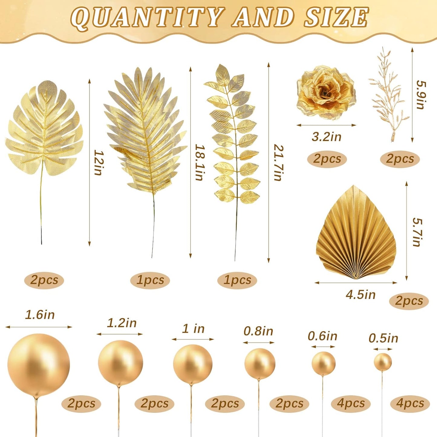 26 Pieces Happy Birthday Cake Topper Gold Cake Decorations Palm Leaves Balls Cupcake Toppers Floral Flower Artificial Leaves for Birthday Wedding(Gold)