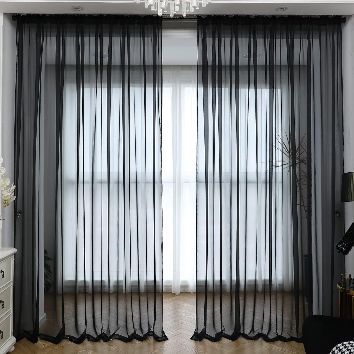 Window Black Sheer Curtains 145 Inches Long 2 Panels Sheer Curtain Basic Rod Pocket Panel for Bedroom Children Living Room Yard Kitchen (Black, 52" W x 145" L | 2 pcs)