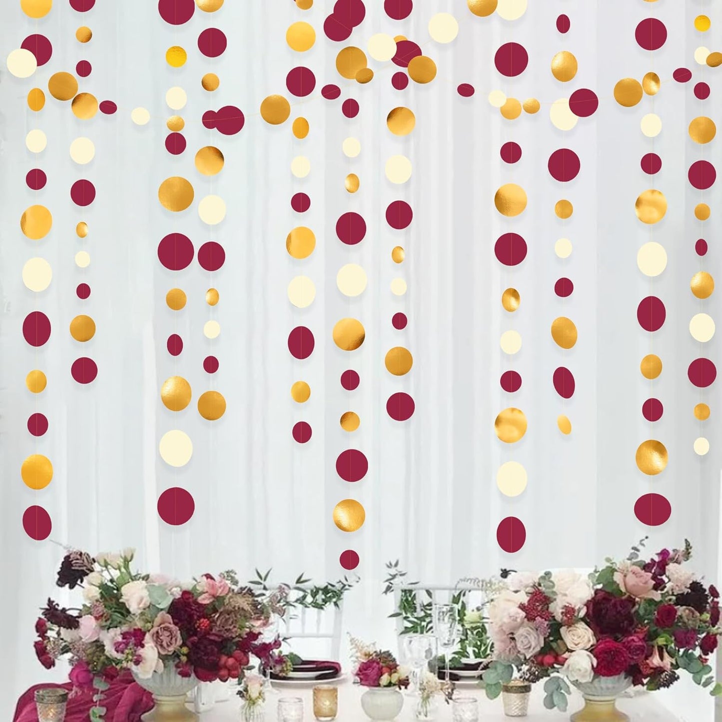 46 Ft Maroon Gold Party Decorations Burgundy Gold Beige Polka Dot Garland Hanging Paper Circle Dots Streamer for Maroon Garnet Graduation Birthday Anniversary Wedding Bridal Shower Party Supplies