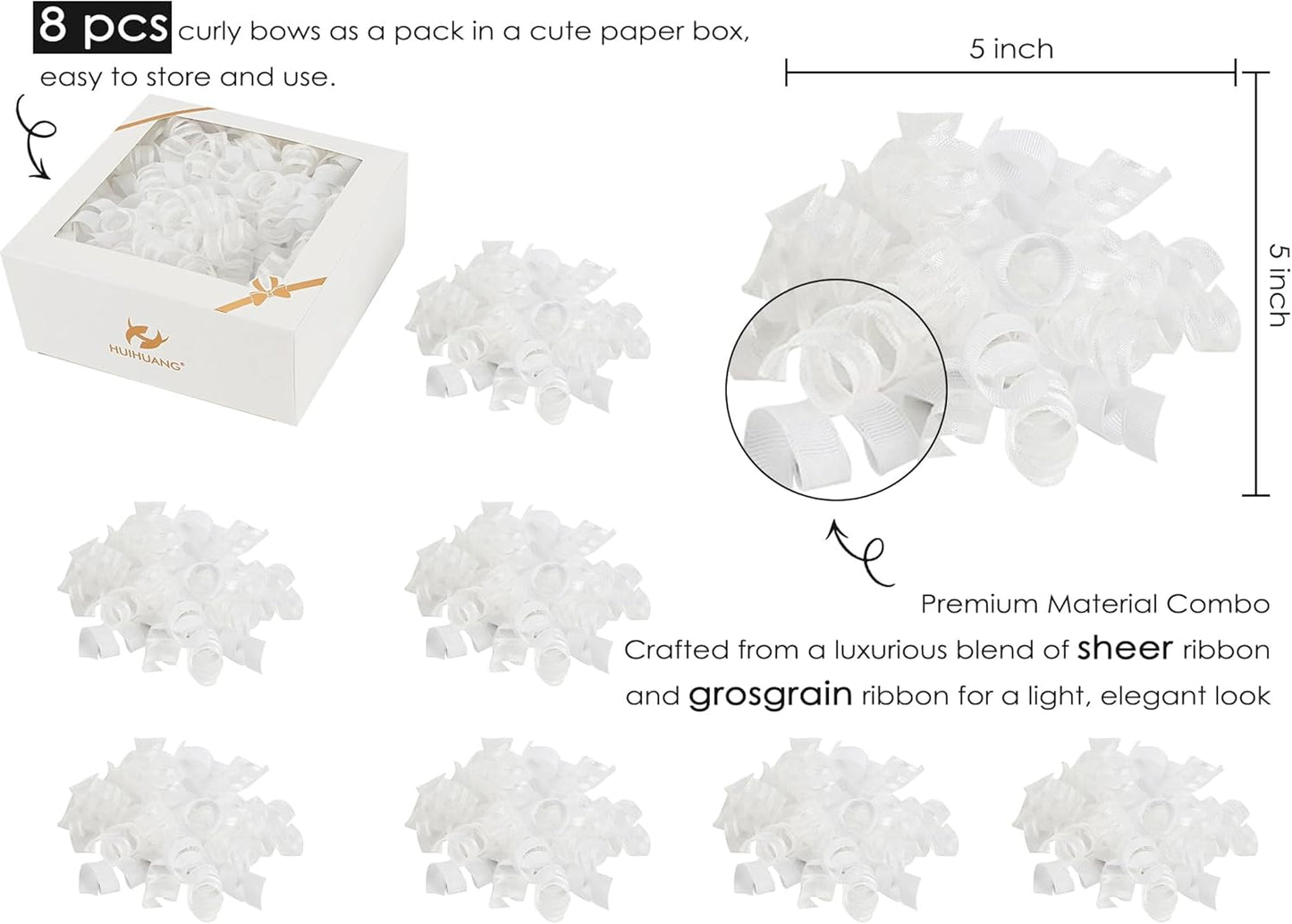 HUIHUANG White Bows for Gift Wrapping Christmas Gift Bows 5 inch x 8 Counts Self-Adhesive Curly Ribbon Bow for Presents, Paper Bag, Party Favors, Wrapping Accessories, Wedding Decor