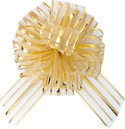 6 Pcs 6 Inch Golden Organza Pull Bow – Perfect for Wedding Decoration, Gift Wrapping Baskets, Car Bows, Birthday Parties, Christmas and Valentine's Day