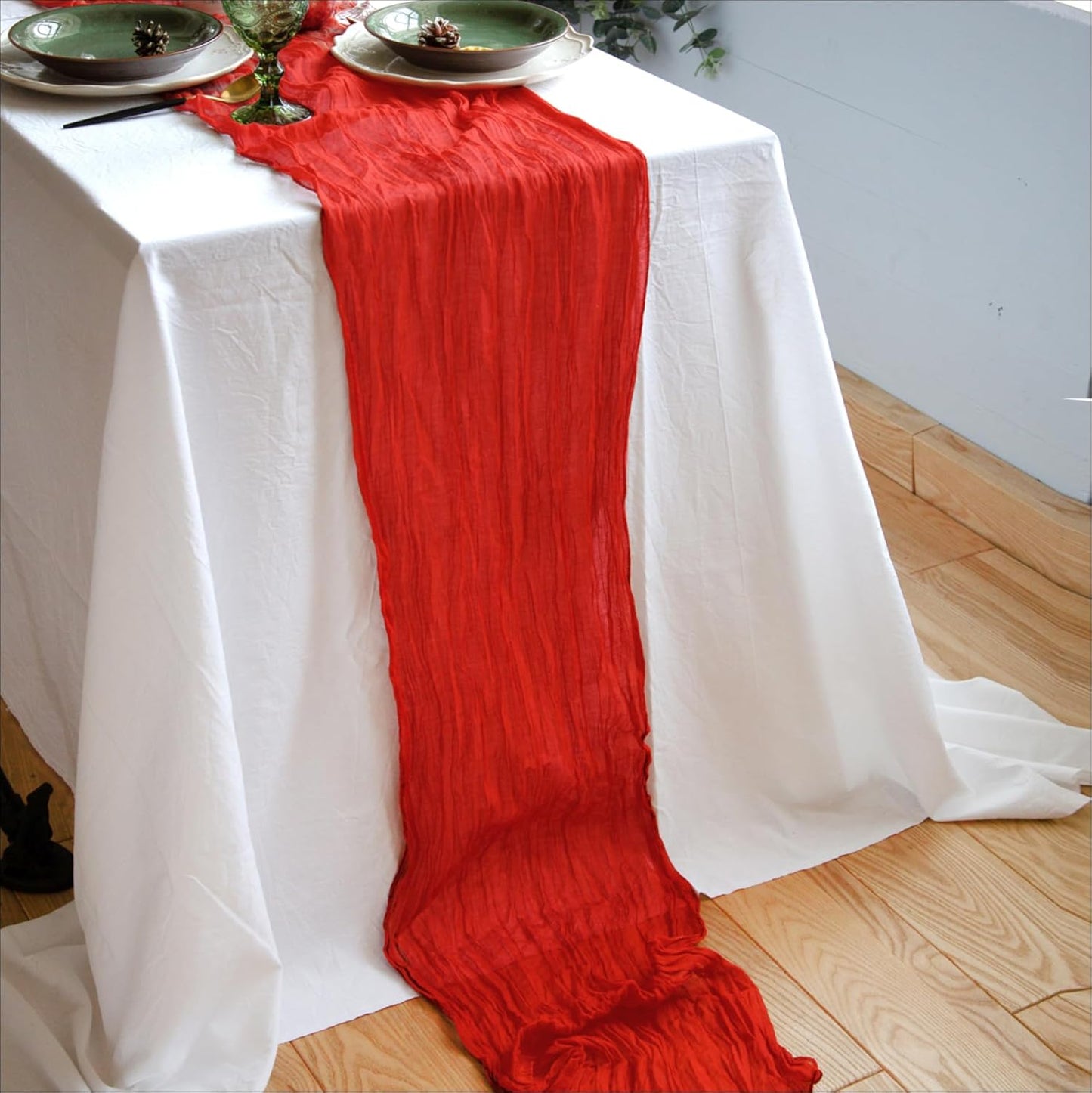 Red Table Runner Cheesecloth 142'' Rustic Gauze Wedding Runner, Christmas Cheese Cloth Tablecloth, Gauze Cheesecloth Wedding Shower Decorations Rustic Theme Tablecloth
