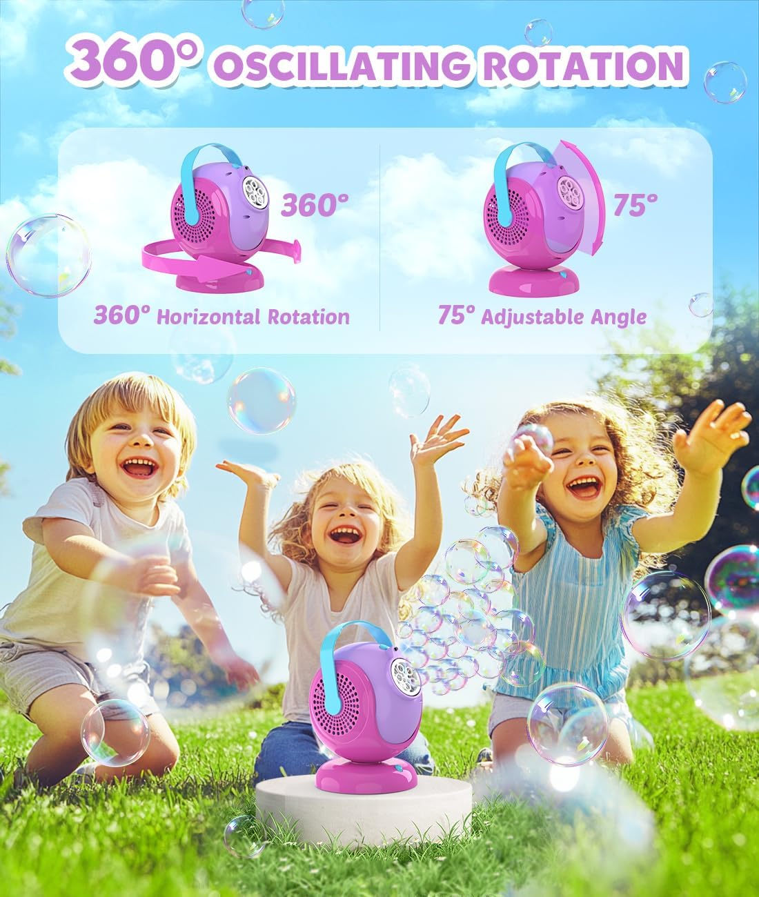 Bubble Machine, Automatic 360° Rotation & 75° Adjustment Bubbles Blower for Kids, Toddlers, Bubble Toys with LED Light - Gifts for Girls 1+ Year Old, Halloween, Outdoor, Birthday, Party