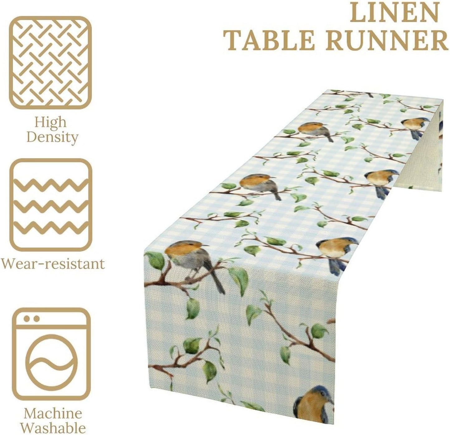 Bird Table Runner,Spring Birds Tree Blue Plaid Print Table Runner for Kitchen Dining Table Decoration Home Party Decor 13x90 Inch
