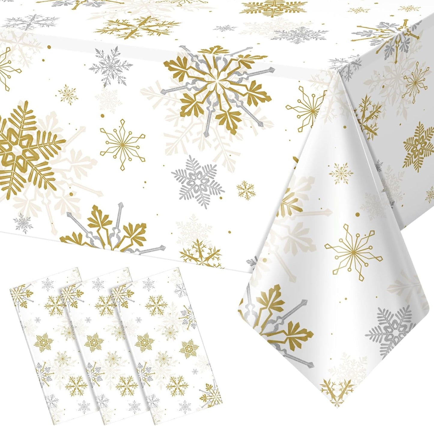 Jectivs 3Pcs Christmas Snowflake Party Tablecloths Decorations,Plastic White and Gold Table Cloth,Winter Rectangle Cover for New Year Birthday Baby Shower Holiday Decorations,54x108 inch