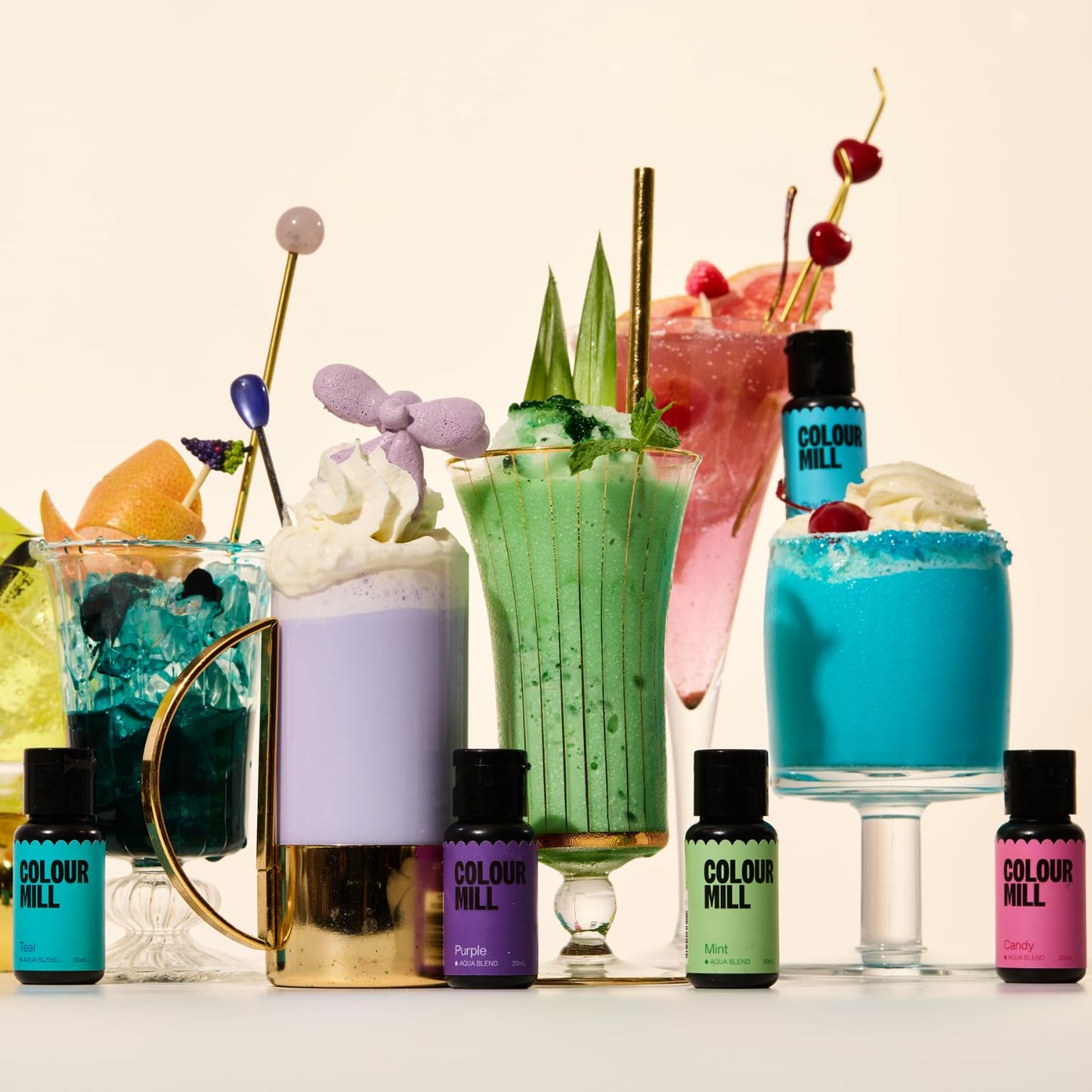 Colour Mill Pool Party Pack Aqua Blend Water-Based Food Coloring, 20 Milliliters Each of 6 Colors: Candy, Mint, Purple, Sky Blue, Teal and Yellow, 120.0 milliliters, 4.08 Fl Oz