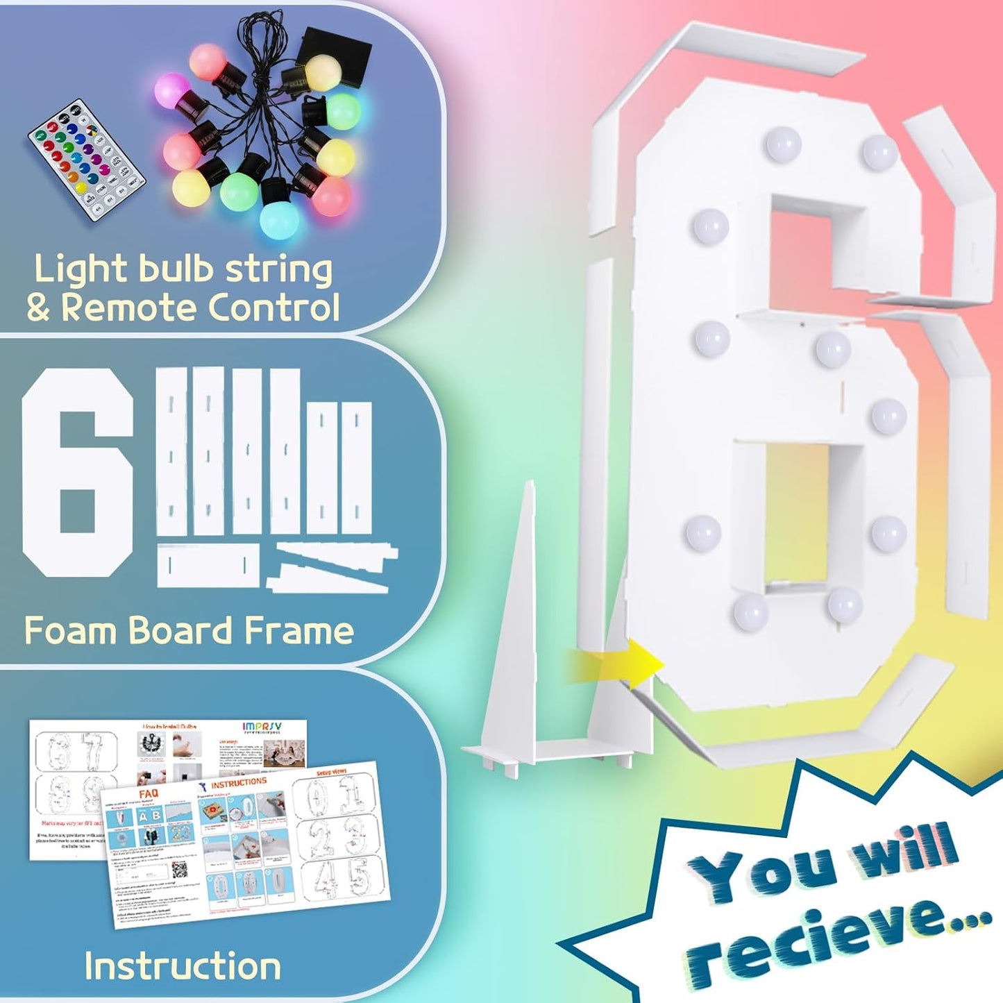 imprsv 4FT Colorful Marquee Numbers,18 Colors Number 6 with Remote, Light Up Numbers Sign for 60th Birthday Decorations Anniversary Party Decor, Pre-Cut Foam Board Kit, Mosaic Sign for Balloon