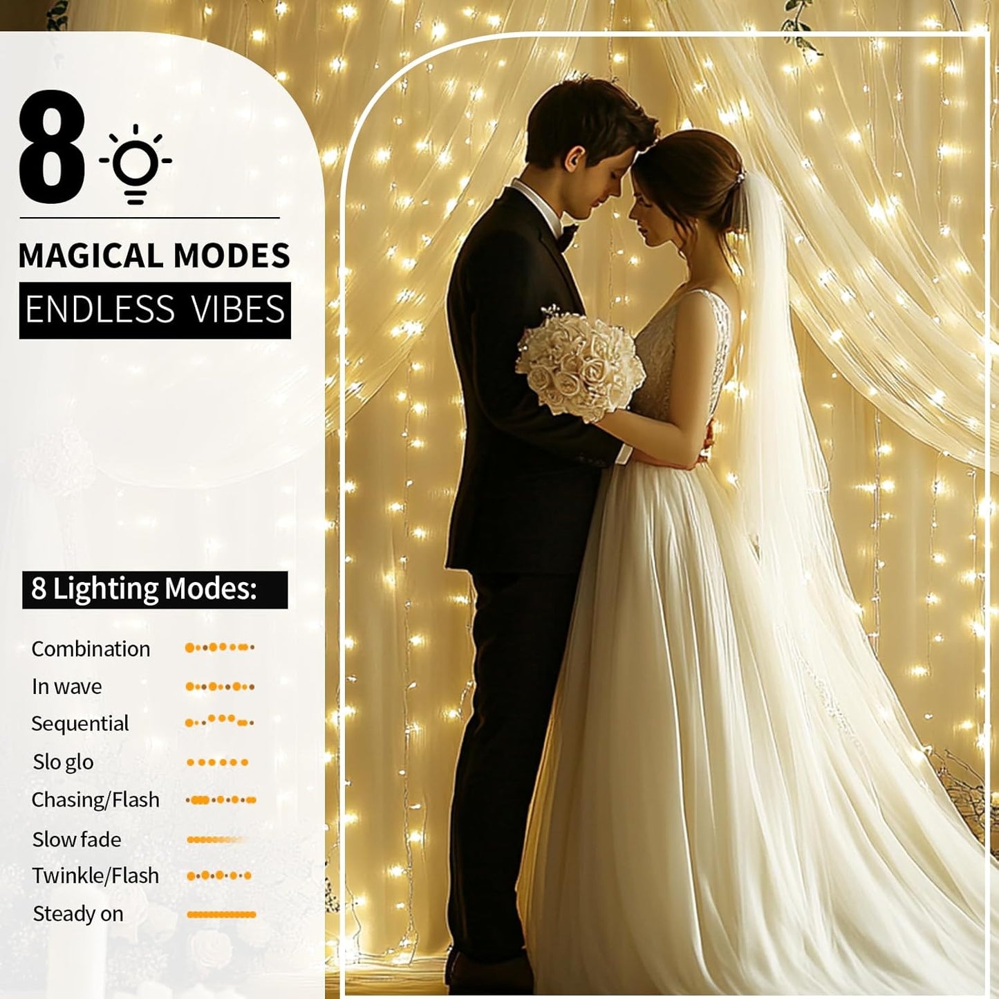 Ivory Tulle Backdrop Curtain with Lights String - 10x10ft Sheer Backdrop with 300 LEDs for Wedding, Baby Shower, Bridal Shower, Birthday Party Photo Shoot Background and Home Decorations