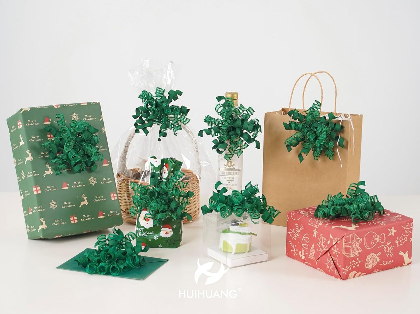 HUIHUANG Green Christmas Bows for Gift Wrapping Curly Gift Bow 5 inch x 8 Counts Forest Green Self-Adhesive Xmas Bows for Presents, Paper Bag, Party Favors, Wrapping Accessories
