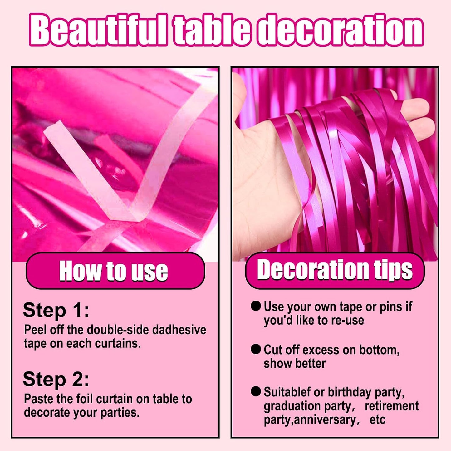 3 Pack 29 x108 Inch Rose Red Foil Fringe Table Skirts Metallic Banner for Tinsel Streamer Garland Backdrop for Parade Floats Wedding Thanksgiving Birthday Christmas Halloween New Year Party Decoration