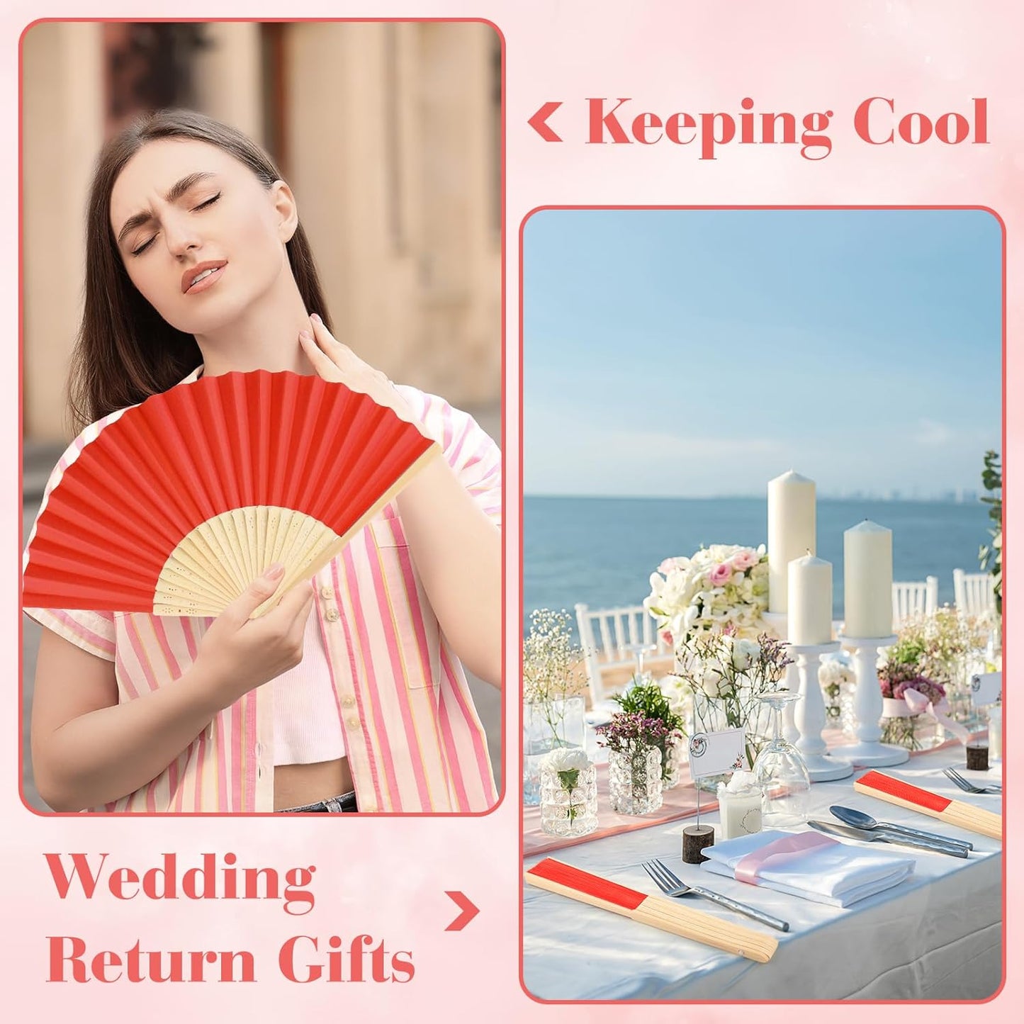 6 Pieces Red Hand Held Bamboo Folding Fans Foldable Paper Fans Handheld for Women Girls Wedding DIY Decoration Church Home Party Favors Summer