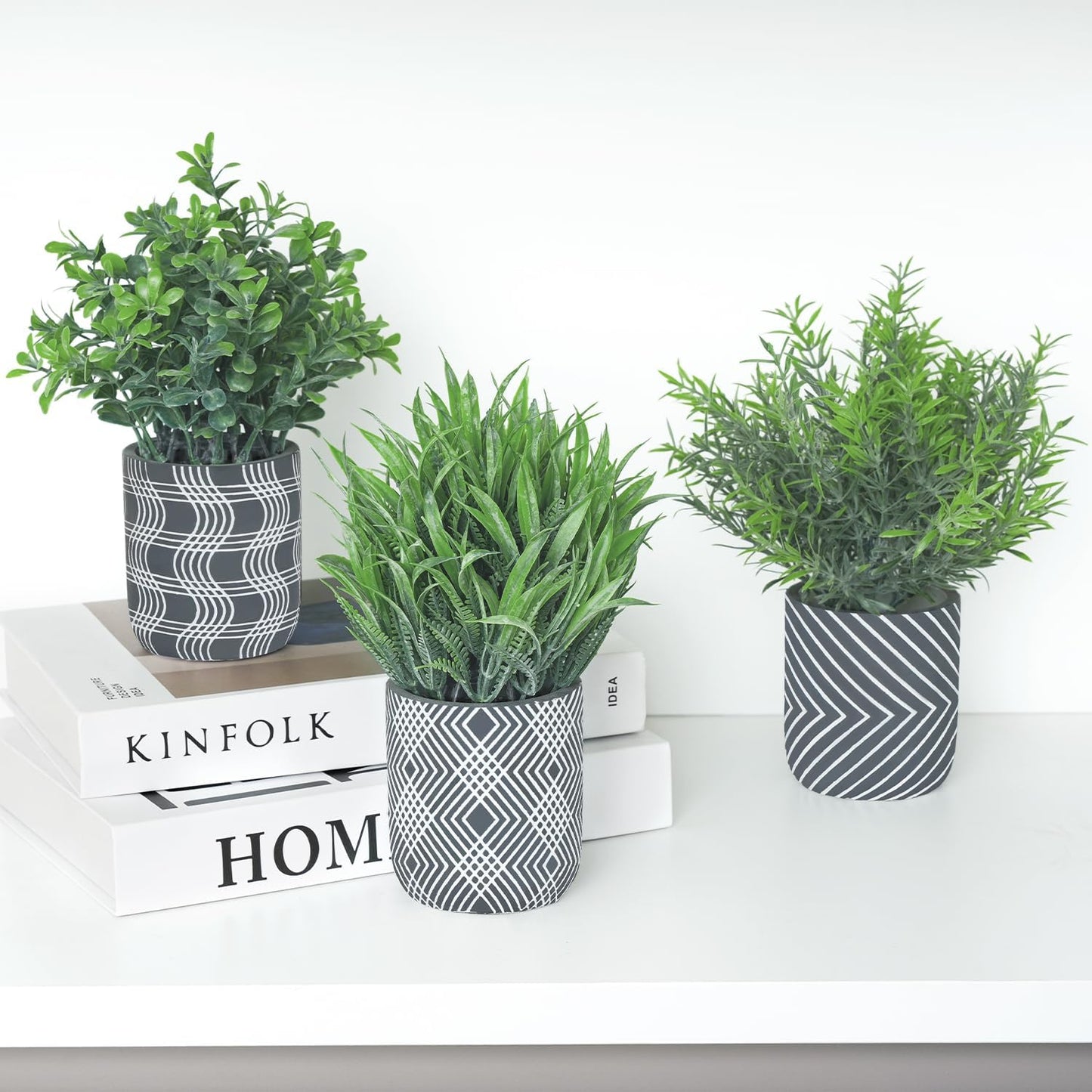 3 Pack Small Fake Plants, Fake Grass Plant, Artificial Boxwood & Rosemary with Geometric Pattern Cement Pots, Small Potted Faux Greenery for Home Decor, Bathroom, Office, Farmhouse Decoration