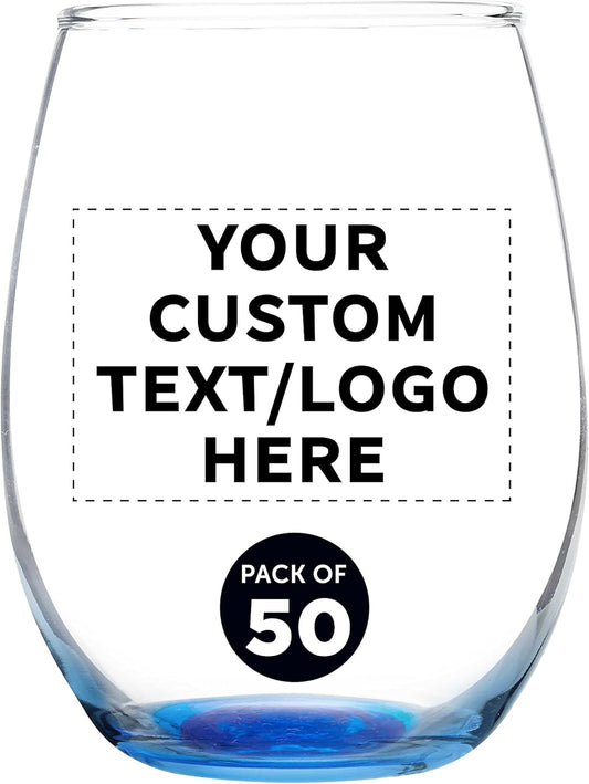 Custom Stemless Wine Glass 9 oz. Set of 50, Personalized Bulk Pack - Great for Wedding Favors, Bachelorette Party Decorations, Party Favors, Color Bottom - Blue