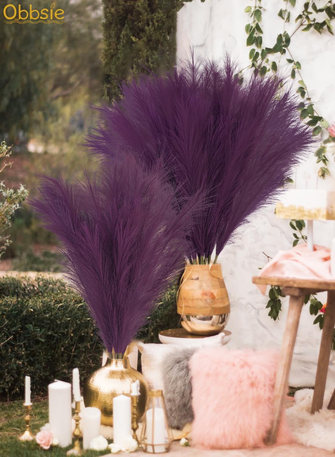 35" Faux Pampas Grass Decor, 8pcs Large Tall Fluffy Artificial Pompous Grass Branches Floral Fake Pompas Grass Bulrush Floor Vase Filler Flower Arrangement for Home Wedding Boho Decor, Purple