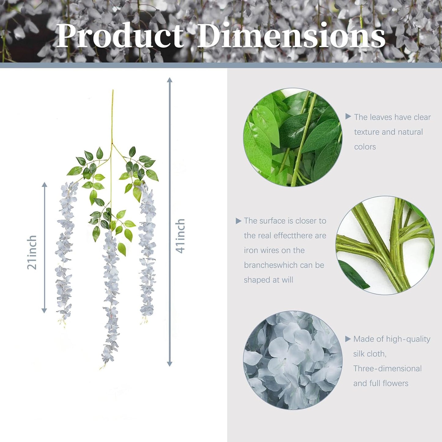 12 Pack Grey Wisteria Hanging Flowers, 3.44 Ft Fake Hanging Flowers, Artificial Wisteria Garland Vines for Wedding Room Backdrop Outdoor Patio Garden Decoration