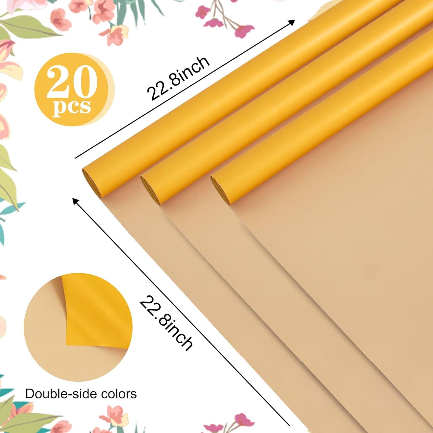 BEISHIDA 20Pcs Gold and Kahki Double Sided Floral Wrapping Paper Matte Waterproof Flower Bouquet Wrapping Paper for Floral Wrap Florist Packing Supplies Birthday Valentine's Christmas Gift Wrapping