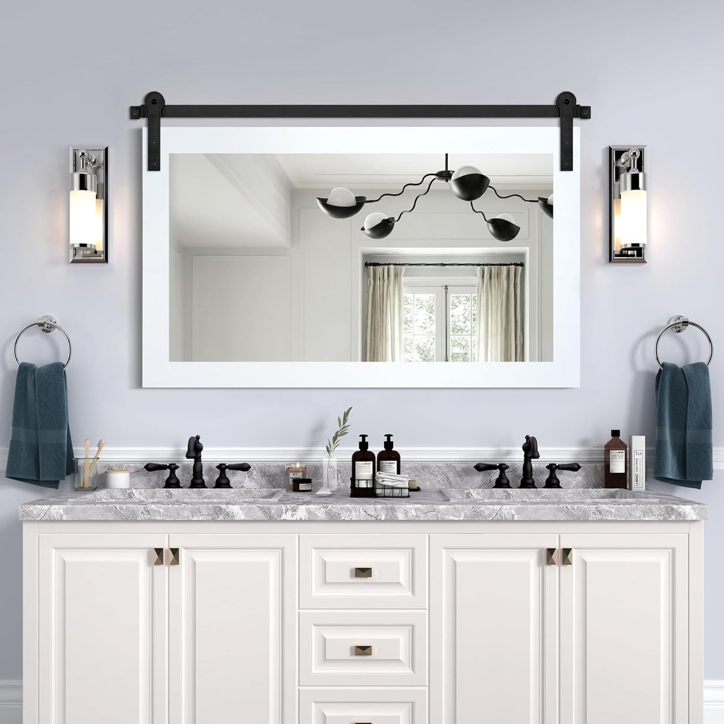 COGOOD Farmhouse Bathroom Mirror - 41" x 30" Rustic Barn Door Mirror for Living Room, Entryway, Bedroom, Vanity Wall Decor (Pure White)