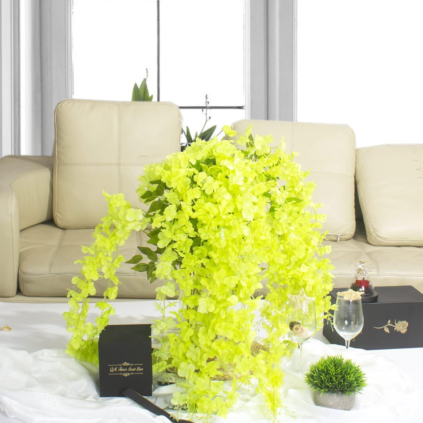 24 Pack Artificial Fake Wisteria Vine Ratta (3.75 Feet) Hanging Garland Silk Flowers String Home Party Wedding Decor (Green)