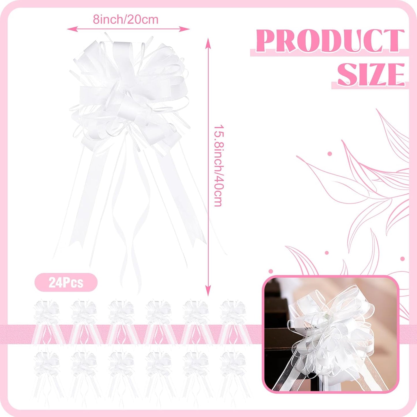 Riceshoot 24 Pcs Wedding Pew Bows with Yarn, Wedding Aisle Decorations for Church Chair Bench, Big Pull Bows for Gift Wrapping Bridal Shower Reception Birthday Anniversary Car Decor