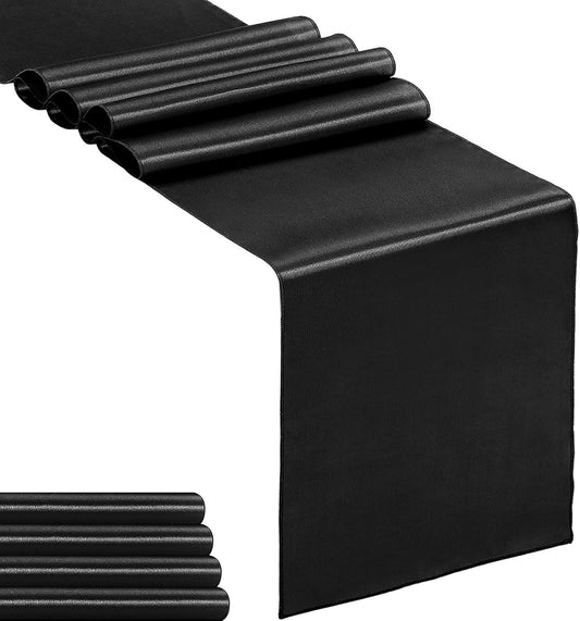 5-Pack Satin Table Runner Black 12 x 108 inches Long, Table Runners for Wedding, Birthday Parties, Banquets Decorations（5 Pack, 12x108 Inch, Black）