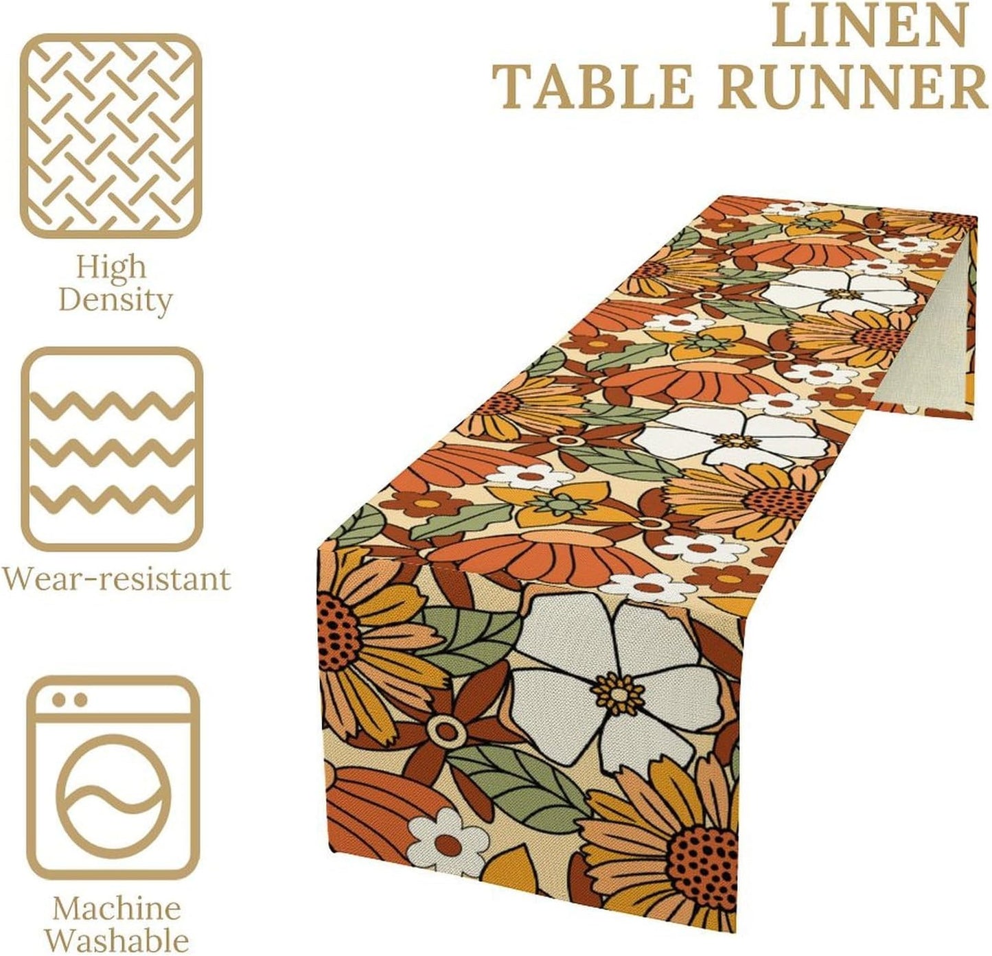 Vintage Floral Table Runner,Boho 70s Style Retro Flower Table Cloth Kitchen Dining Table Home Party Decoration 13x120 Inch