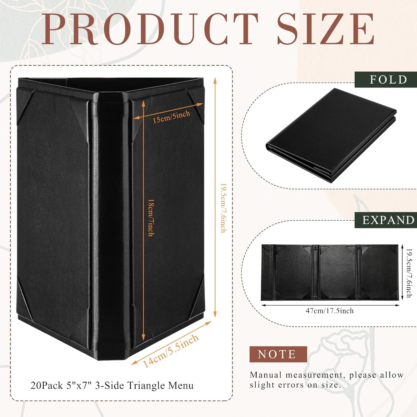 20 Pcs 5 x 7 Inch Triangle Menu Holders for Restaurant 3 Side Leatherette Table Tent Frame Menu Sign Cover Bulk for Restaurant Coffee Cafe Bar Wedding Drink Dessert