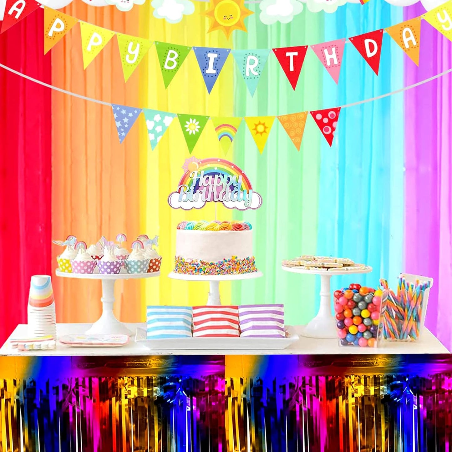 6 Pack 29x108 Inch Metallic Foil Fringe Tinsel Table Skirts Banner for Rectangle Tables Streamer Garland Curtains Backdrop for Wedding, Birthday, Parade Floats, Halloween Party Decoration(Rainbow)