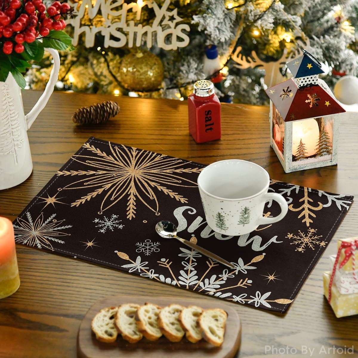 Artoid Mode Black Snowflake Let It Snow Winter Placemats Set of 6, 12x18 Inch Seasonal Christmas Table Mats for Party Kitchen Dining Decoration