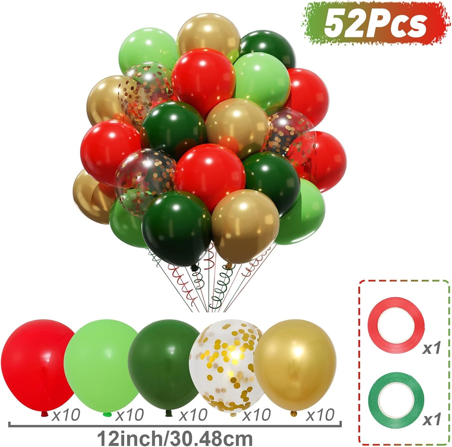 Patimate Red Green Christmas Balloons Set, 50 pcs 12 inch Metallic Gold Lime Forest Green Red Gold Confetti Latex Balloons Kit for Christmas Grinch Birthday Baby Shower Party Decorations