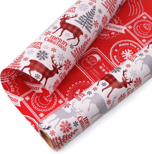 Ribbli Christmas Wrapping Paper Reversible Vintage Reindeer and Christmas Stamp Gift Wrapping Paper Rolls Holiday Presents Decoration-17 Inch x 33 Feet