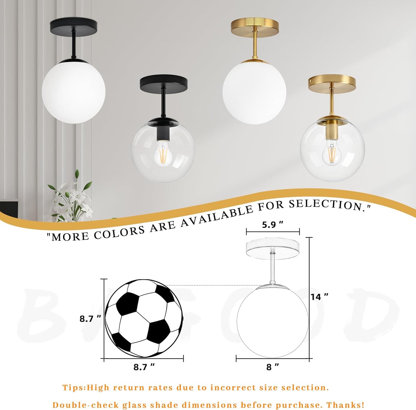 8" Black Semi Flush Mount Ceiling Light Fixture Milk Glass Globe Ceiling Light Fixtures Hallway Light Fixtures Mid Century Ceiling Lights Matte Black Finish for Entryway Foyer (Bulb Incl.)