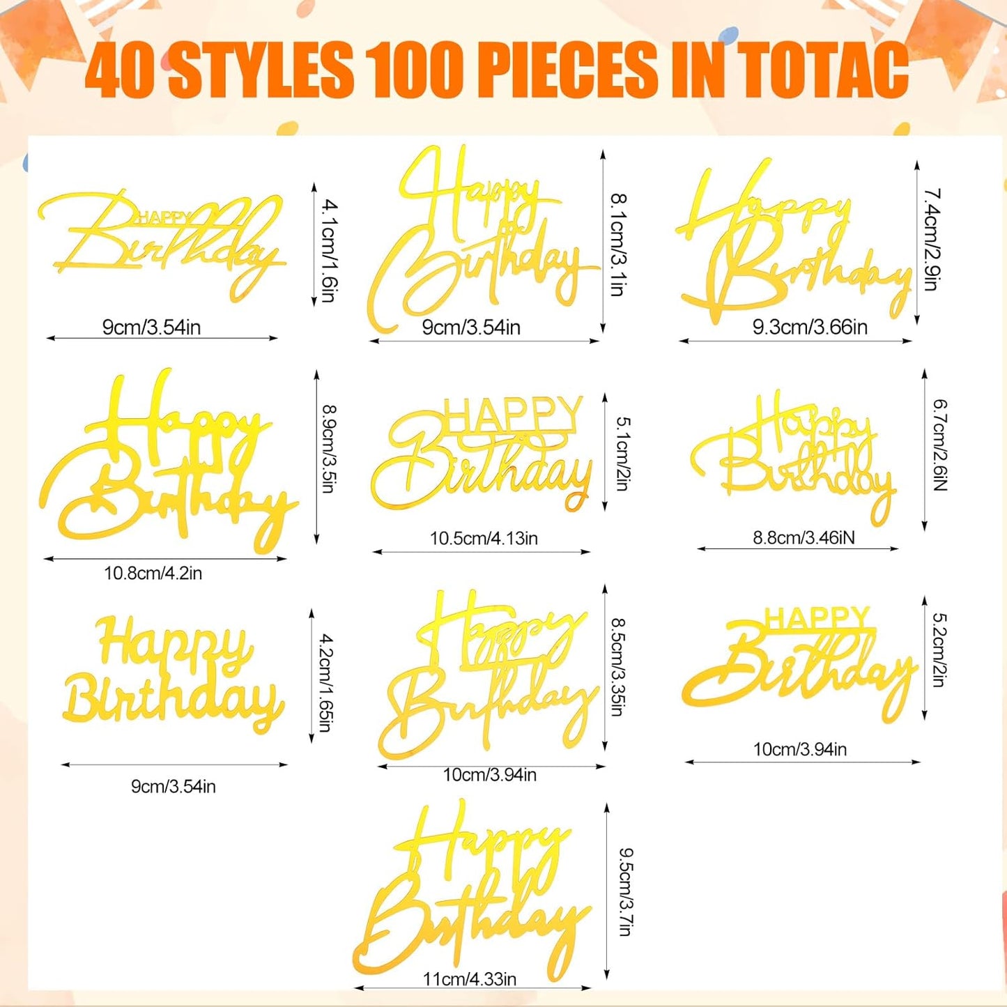 100 Pcs Happy Birthday Cake Toppers Mirror Acrylic Cupcake Topper Cupcake Decorations Happy Birthday Sign for Cake Side Inserts Decor Party Supplies 10 Style(Gold)