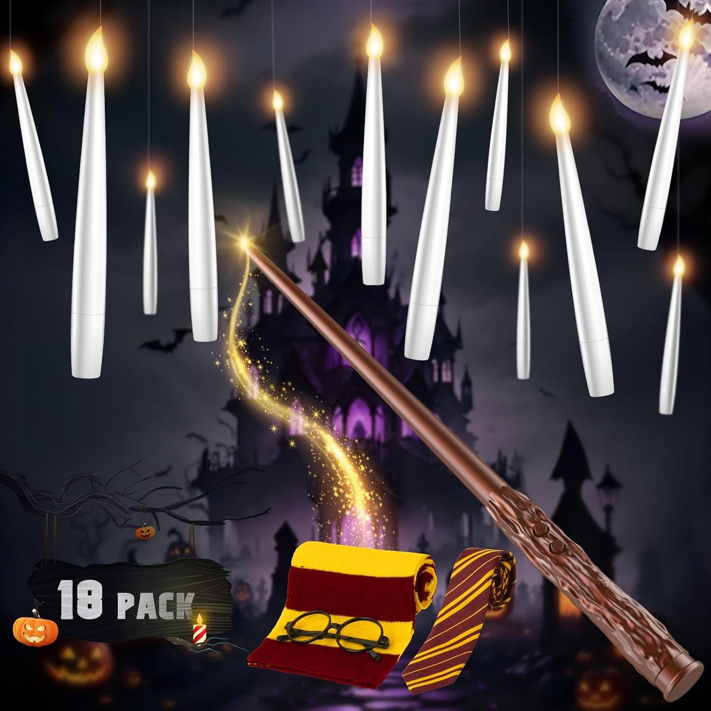 Floating Candles with Wand - 18 Pack Halloween Decorations Magic Flameless Candles Flickering Light Hanging Candle Remote with Glasses, Tie, Scarf, Battery Operated Candles for Christmas Party Decor