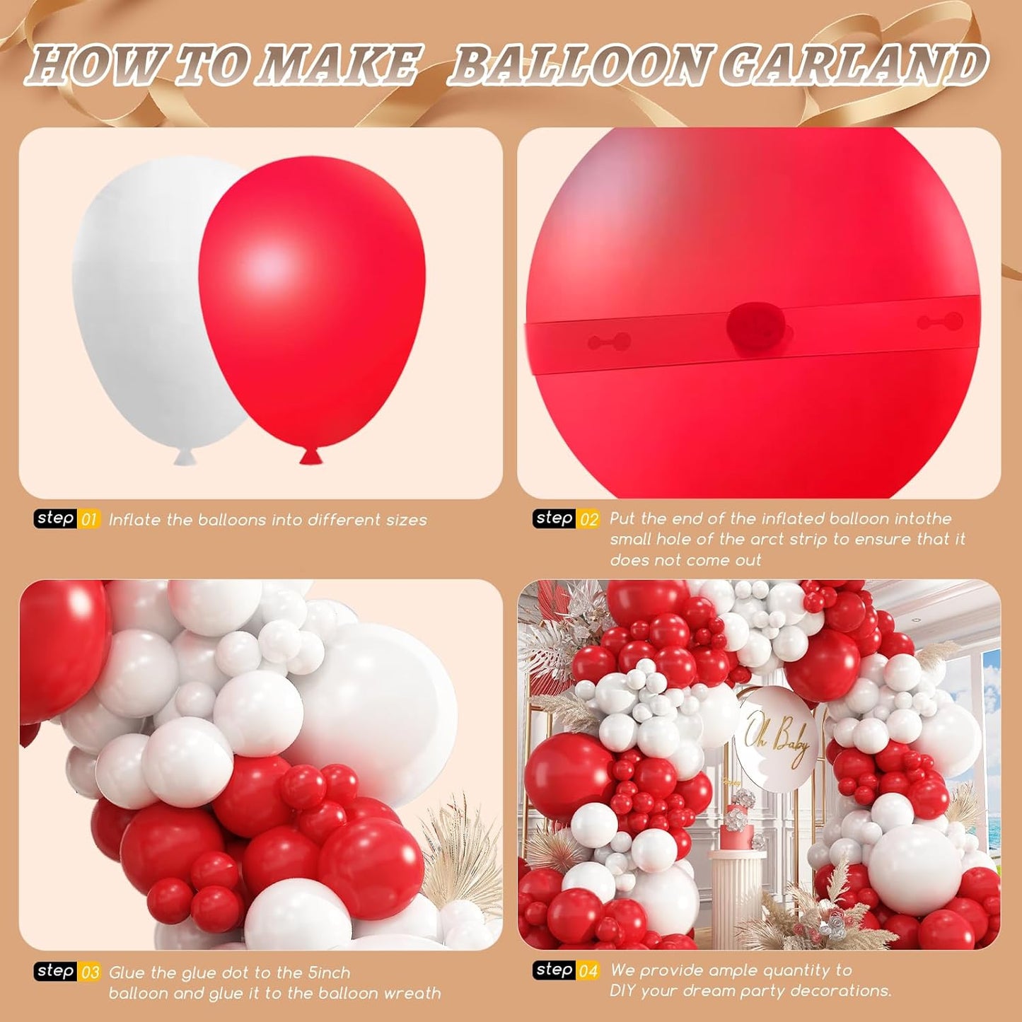 412Pcs Red and White Balloon Garland Arch kit, 18 12 10 5 Inch Different Size Red White Latex Balloons for Graduation Birthday Wedding Party Valentine's Day Decoration