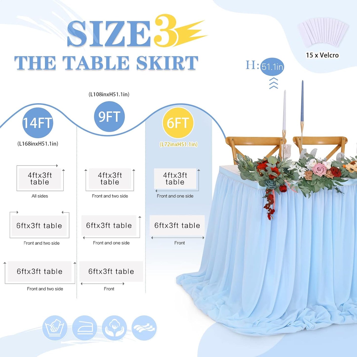 QueenDream 6ft Baby Blue Chiffon Table Skirt for Rectangle Table Sheer Tablecloth for Baby Shower Wedding Birthday Mermaid Theme Party