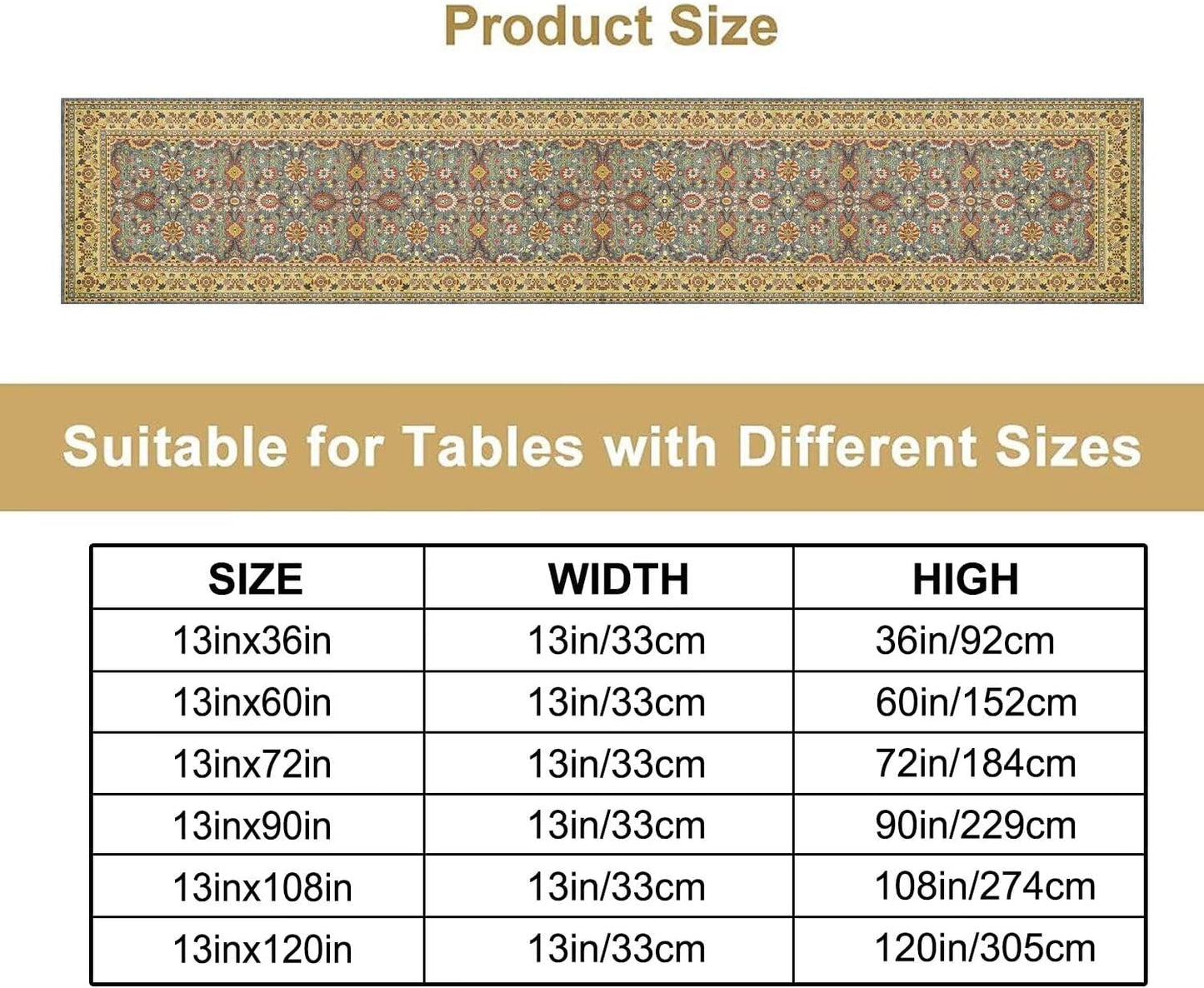 Boho Floral Vintage Beige Blue Table Runner, Retro Flower Rustic Country Farmhouse Abstract Pattern for Home Kitchen Table Decor Dining Coffee Room Party Decor 13x36in