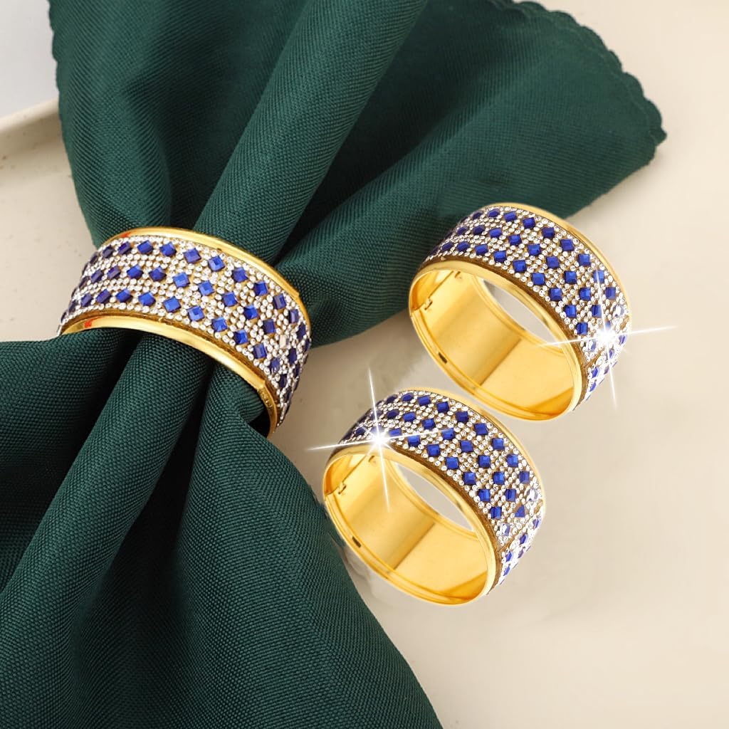 Rhinestone Napkin Ring Gold Napkin Rings Stainless Steel Blue Crystal Napkin Holder Set of 12 for Dinner, Wedding, Party, Holiday, Banquet,Everyday Table Setting Home Decor