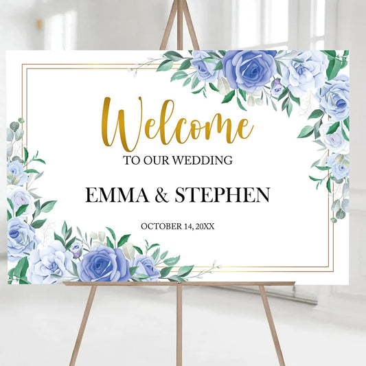 Dusty Blue and Gold Wedding Welcome Sign Template, Printable Landscape Welcome Sign with Blue White Flowers, Elegant Floral Wedding Reception Decor