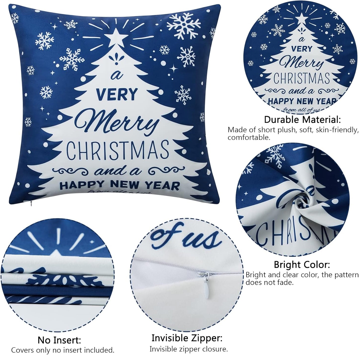Christmas Pillow Covers 20X20 Set of 4 Navy Blue white Christmas Decorations Merry Christmas Snowflake Throw Pillow Covers Deer Xmas Tree Decor