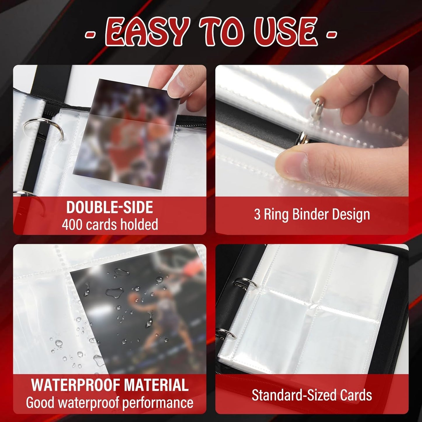 Madrigal Trading Card Binder 4 Pocket,400 Pockets Card Holder with 50 Removable Sleeves,Trading Card Albums for Game Cards,Premium Card Book, Game Cards & Sports Cards Red/White