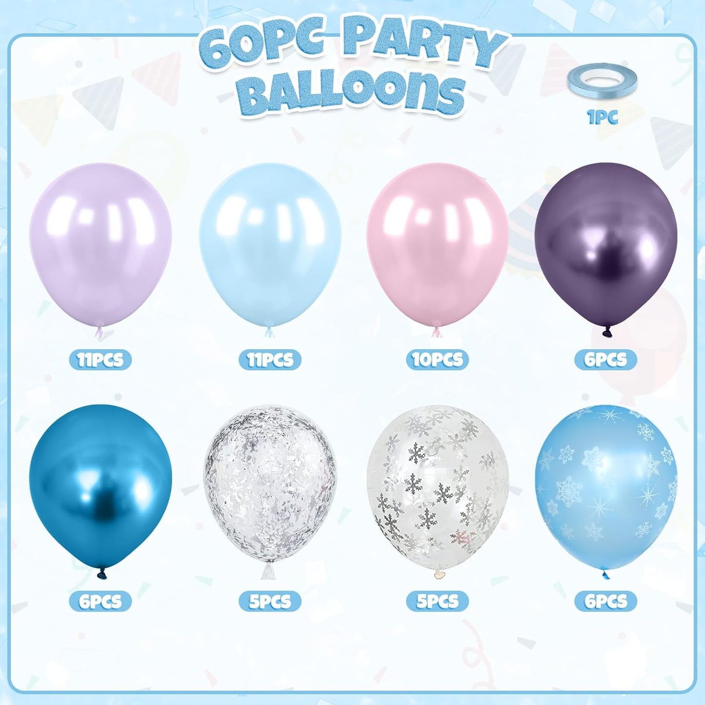 Blue And Purple Balloons, 60pcs Metallic Purple Blue Balloons, Pearl Pink Silver Confetti Balloon Snowflake Print Balloon For Girls Women Kids Birthday Baby Shower Winter Snow Theme Party Wedding