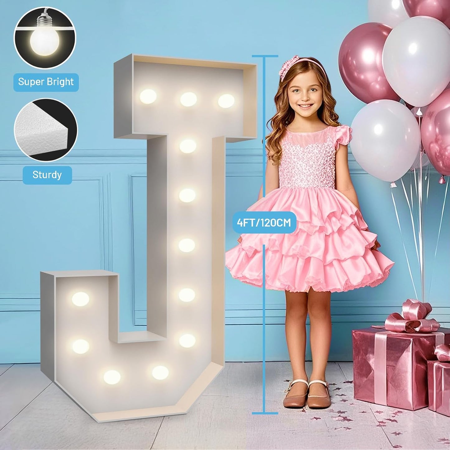 4FT Marquee Light Up Letters J,Party Decoration Large Marquee Light Up Letters with Weighted Water Bag,Pre-cut Foam Board Set Can Be Used for Birthdays,Weddings,Baby Anniversaries