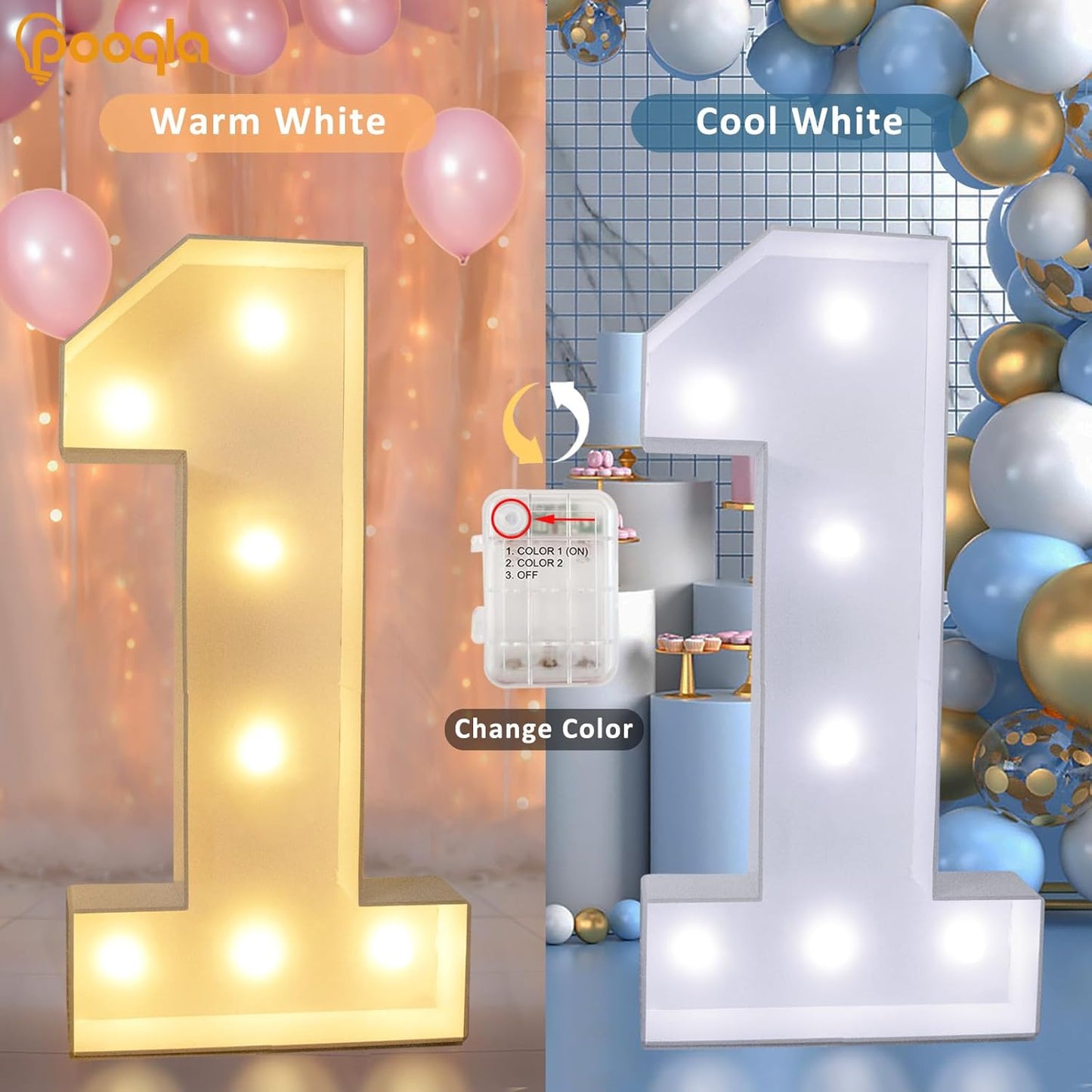 Pooqla 3FT Light Up Marquee Numbers, Cool White and Warm White LED Large Lighted Marquee Numbers, Giant Mosaic Light Up Numbers for Balloons 7th 17th 70th Birthday Decoration Party Decor, LED Number 7