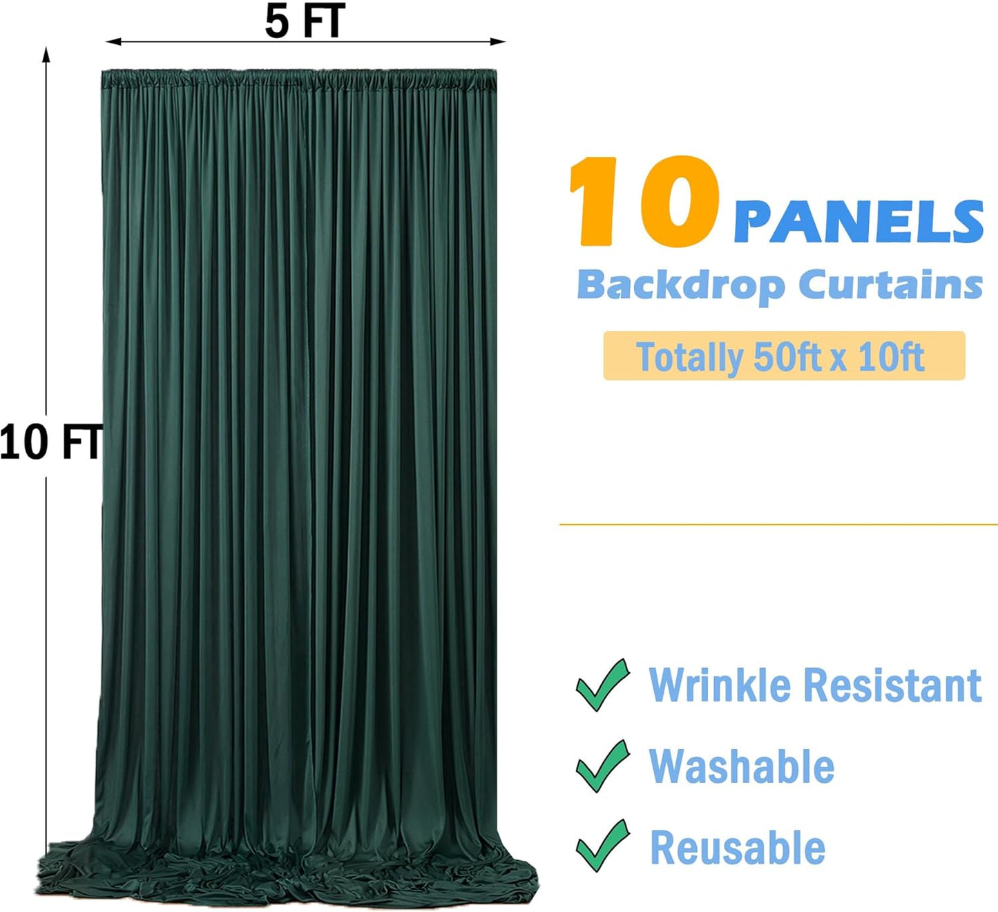 50ftx10ft Wrinkle Free Hunter Green Backdrop Curtains for Party Background, 10 Panels Silky Fabric Green Photo Backdrop Drapes Back Drop Cloth for Wedding Birthday Photography Baby Shower Decor