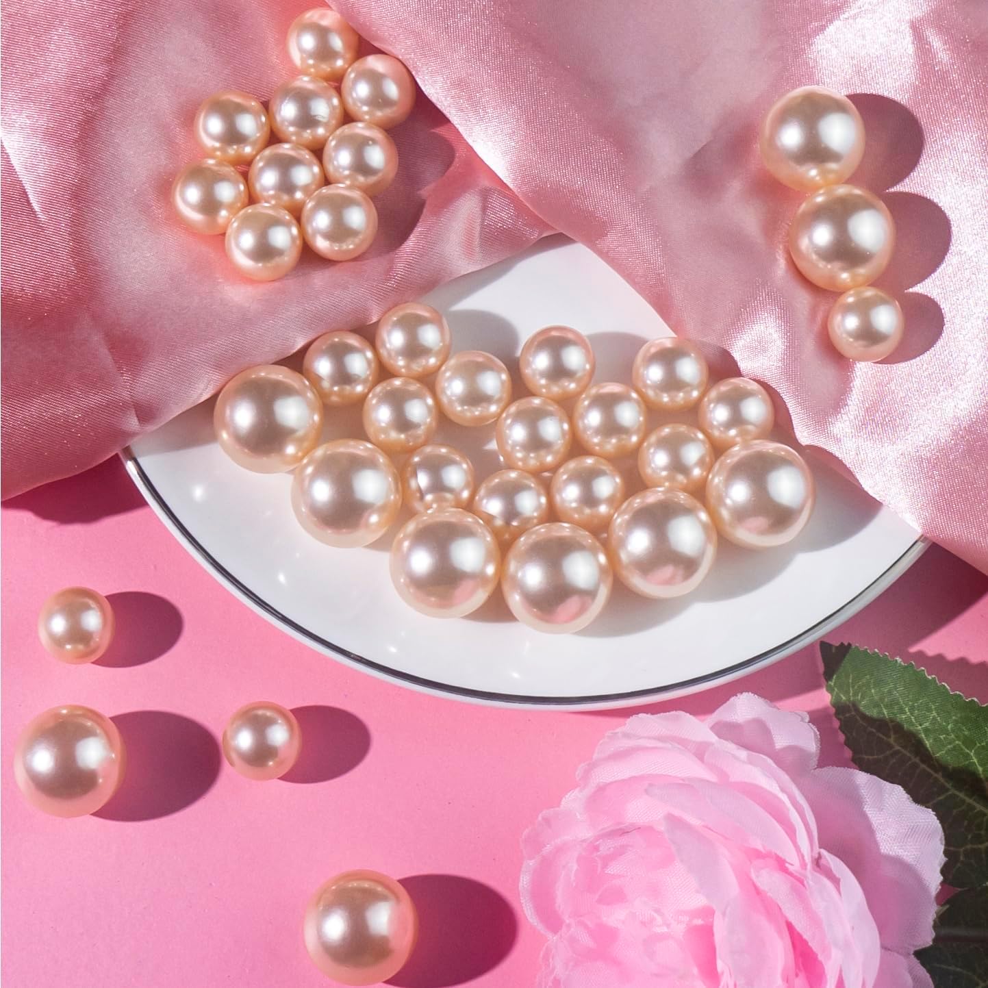 150Pcs Champagne Polished No Hole Faux Pearl Beads for Vase Filling Decorations, Plastic Pearls Vase Fillers, Table Scatters, Wedding Centerpiece, Home Decor, 8/14/20 mm