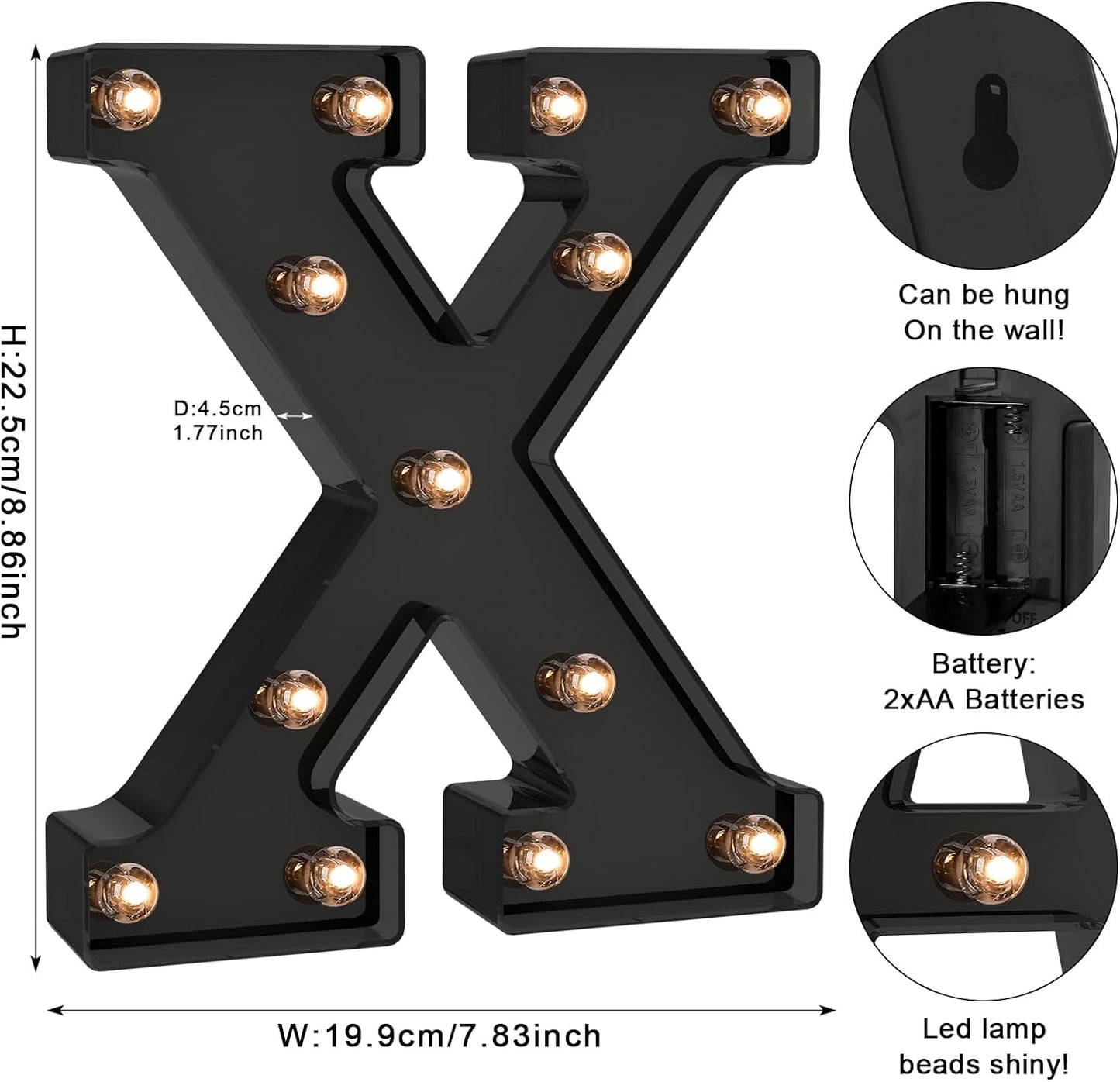 Foaky Black LED Letter Lights for Room Decor - Bedroom Wall Decor, Alphabet Lights for Home, Wedding, Party - Battery Operated （X）