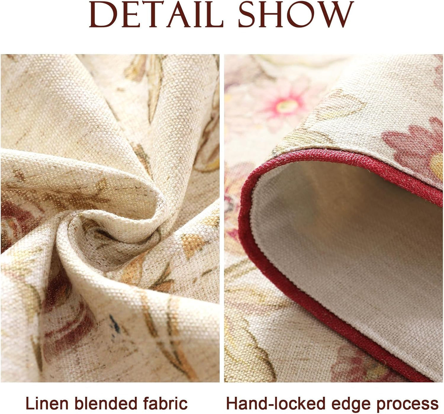 patdrea Designer Farmhouse Linen Thick Table Runner, Rustic Cottage Beige with Floral Pattern Fabric Table Mat, Decoration for Kitchen Dining Thanksgiving New Year Banquet Christmas, 12"*87"