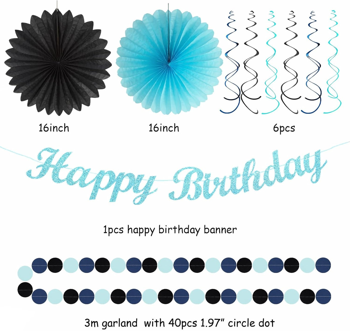 Light-Royal Navy-Blue Black Birthday Party-decorations - 21pcs Boys Men Happy Banner,Paper Streamers Lanterns Honeycomb,Tissue Pom Poms Fan,Adult Supplies Decor 16th 20th 40th 45th 50th 60th Huglony