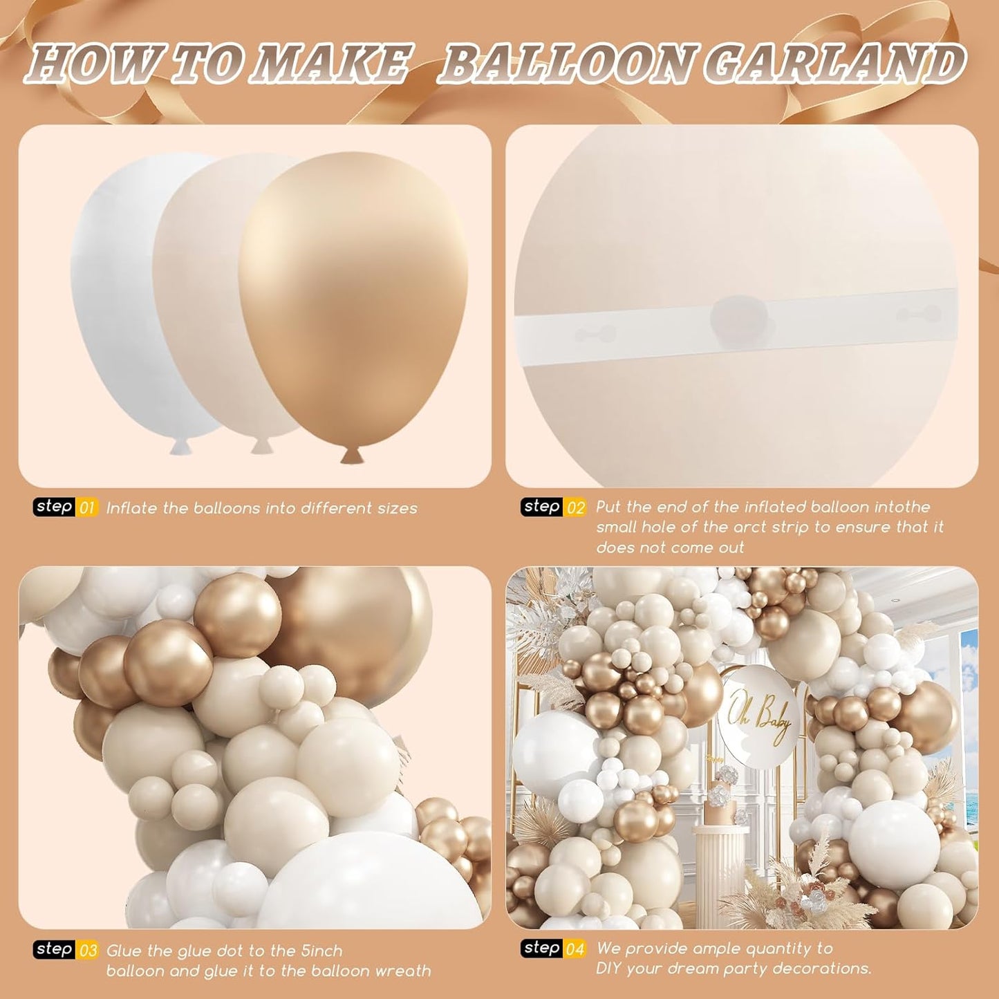 412Pcs White Sand Champagne Gold Balloon Arch Kit, Metallic Champagne Gold Neutral Balloons Garland for Boho Wedding Baby Shower Bridal Shower Engagement Anniversary Decorations